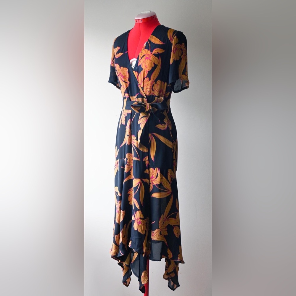 [SOLD] A.L.C Avi Dress Black Ochre Iris Print 100% Silk 1930's Revival Wrap